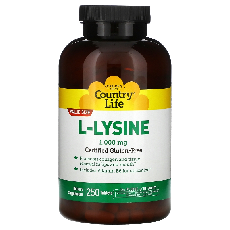 Country Life, L-лизин, 1000 мг, 250 таблеток