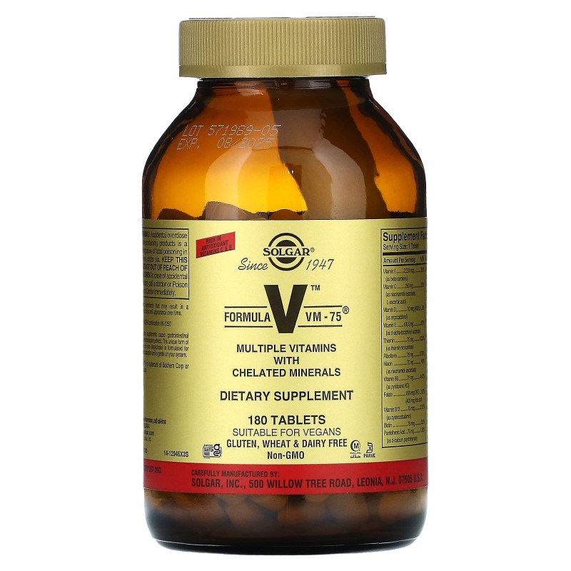 Solgar, Formula V, VM-75, мультивитамины с хелатными минералами, 180 таблеток