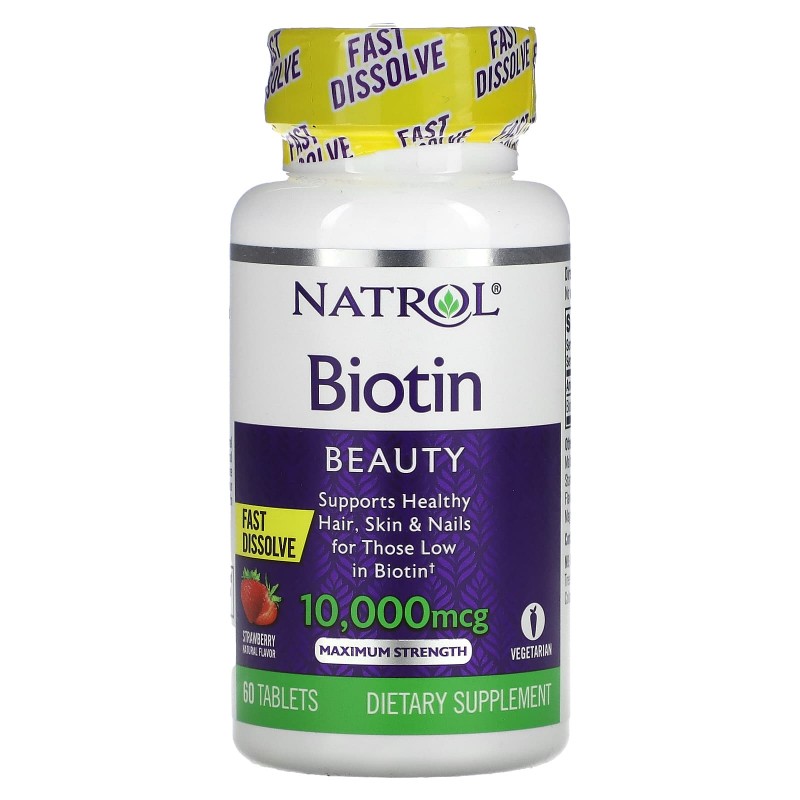 Natrol, Биотин, со вкусом клубники, 10000 мкг, 60 таблеток