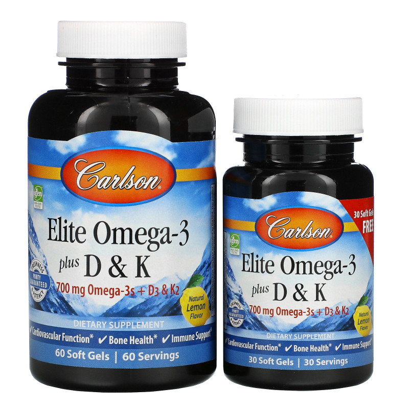 Carlson Labs, Комплекс омега-3 и витаминов D и K, натуральный вкус лимона, 60 мягких таблеток + 30 таблеток бесплатно