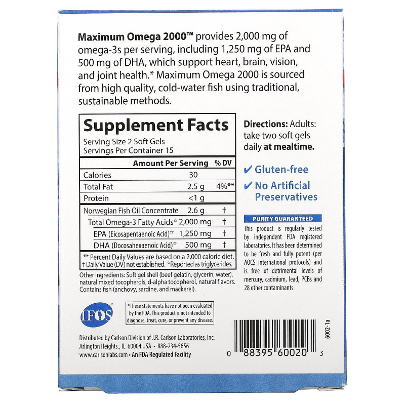 Carlson Labs, Maximum Omega 2000, Natural Lemon, 2,000 mg, 30 Softgels