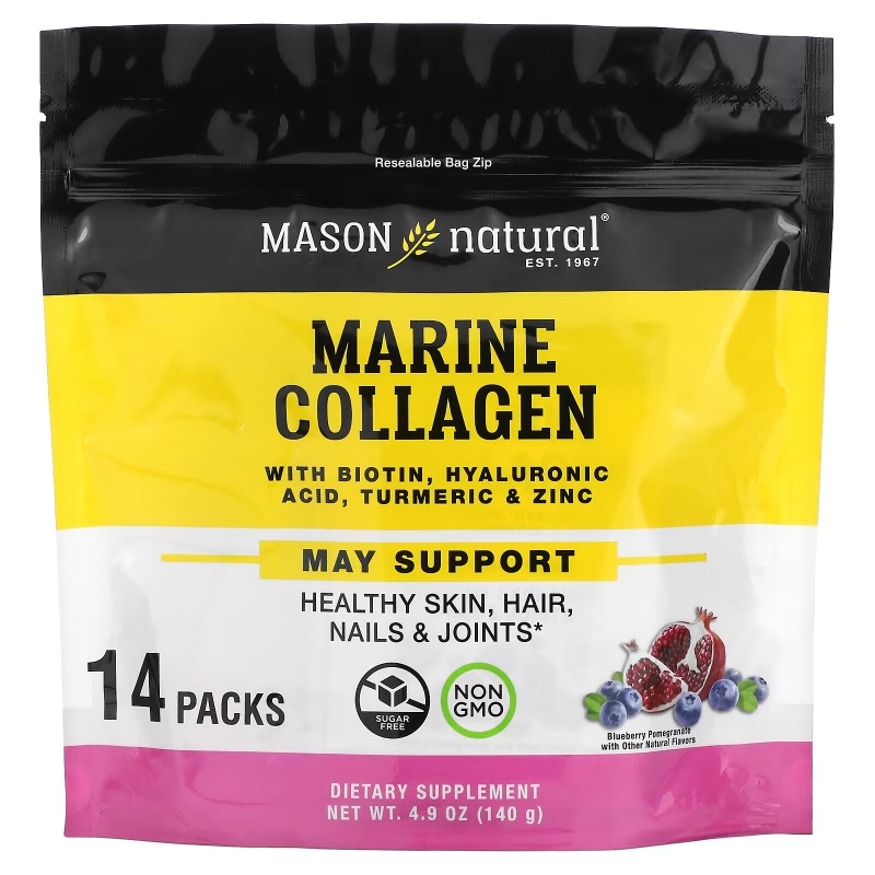 Mason Natural, Marine Collagen with Biotin, Hyaluronic Acid, Turmeric & Zinc, Blueberry Pomegranate, 14 Packs, 4.9 oz (140 g)
