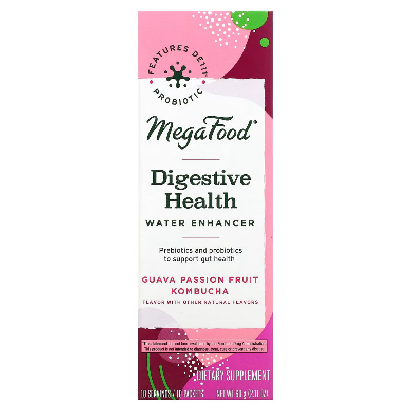 MegaFood, Digestive Health, Water Enhancer, Guava Passion Fruit Kombucha, 10 Packets, 0.21 oz (6 g) Each
