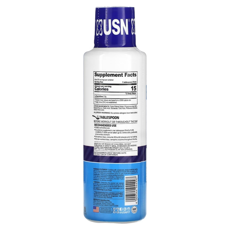 USN, Liquid L-Carnicut 3500, Max Strength Dosage, Blue Raspberry, 15.22 fl oz (450 ml)