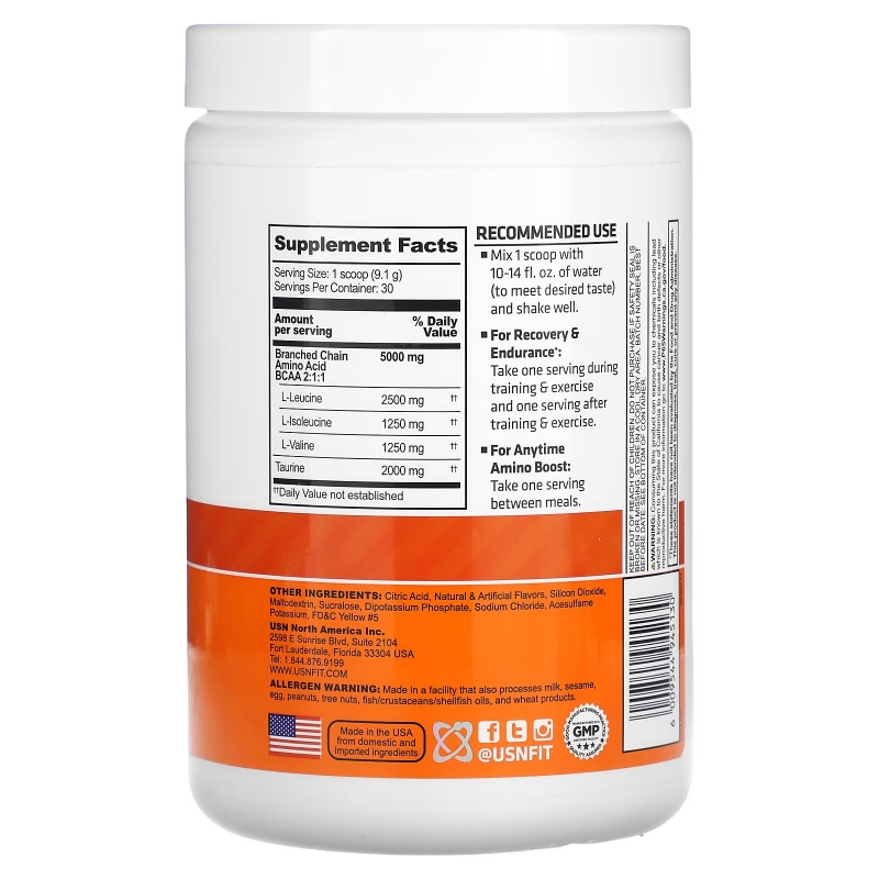 USN, BCAA Amino+, Recovery & Endurance Powder, Mango Pineapple, 9.63 oz (273 g)