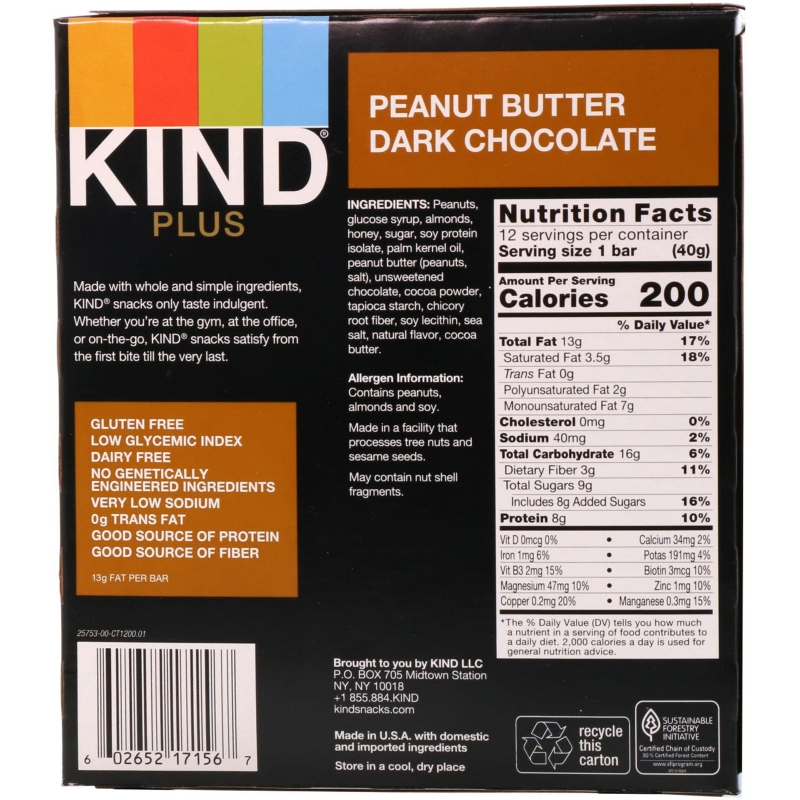 KIND Bars Plus фруктовые и ореховые батончики арахисовое масло с темным шоколадом + протеин 12 батончиков 14 унции (40 г) каждый