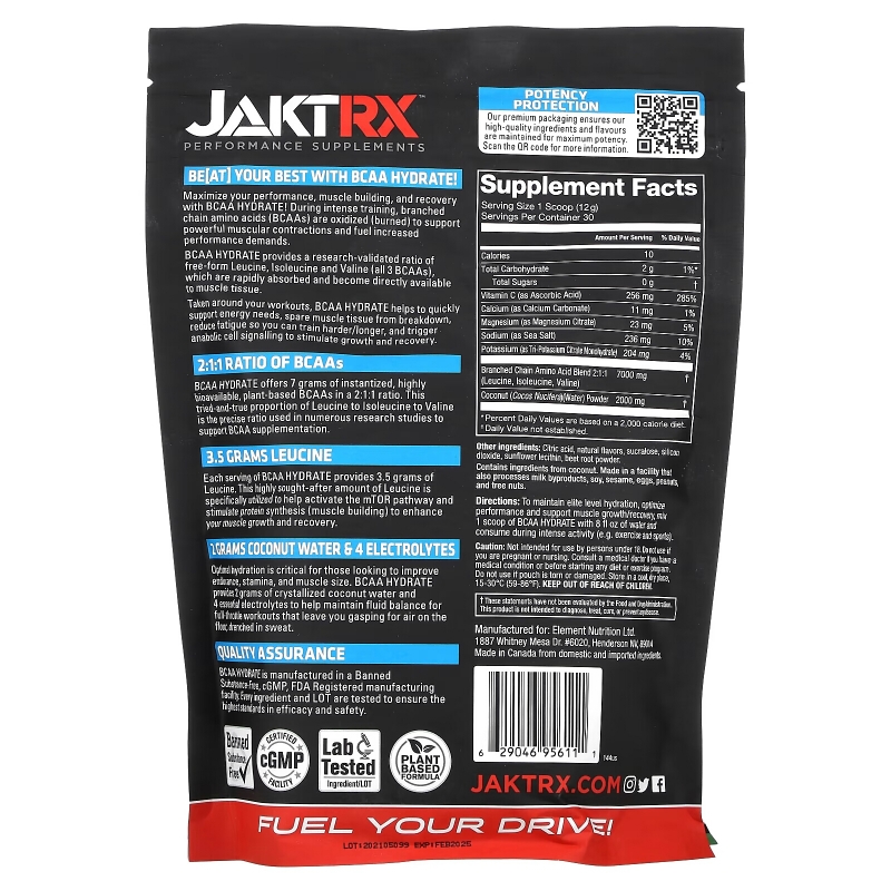 Jakt-RX, BCAA Hydrate With Coconut Water & Electrolytes, Cherry Limeade, 12.7 oz (360)