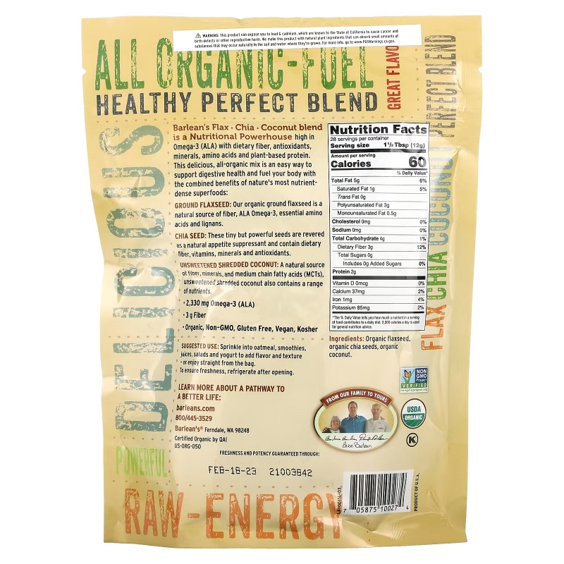 Barlean's Raw Energy Flax-Chia-Coconut blend 12oz pouch