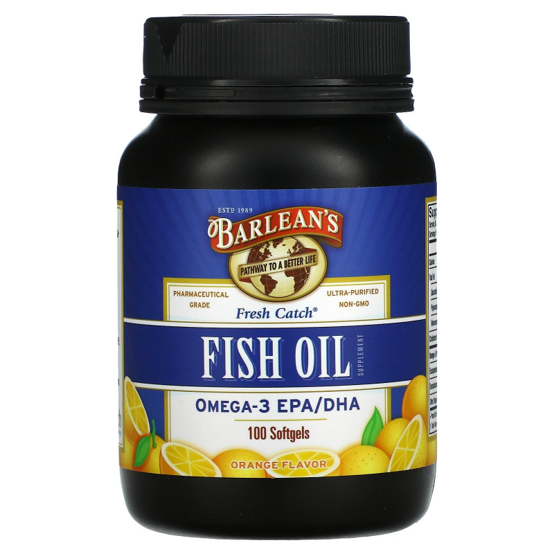 Barlean's Fresh Catch Fish Oil Supplement Omega-3 EPA/DHA Orange Flavor 1000 mg 100 Softgels