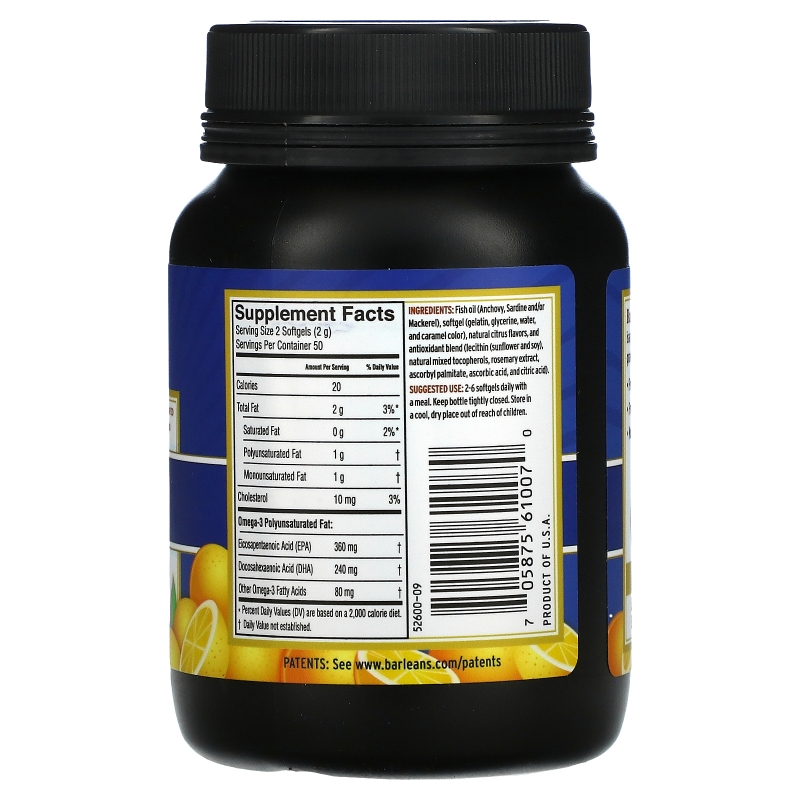 Barlean's Fresh Catch Fish Oil Supplement Omega-3 EPA/DHA Orange Flavor 1000 mg 100 Softgels
