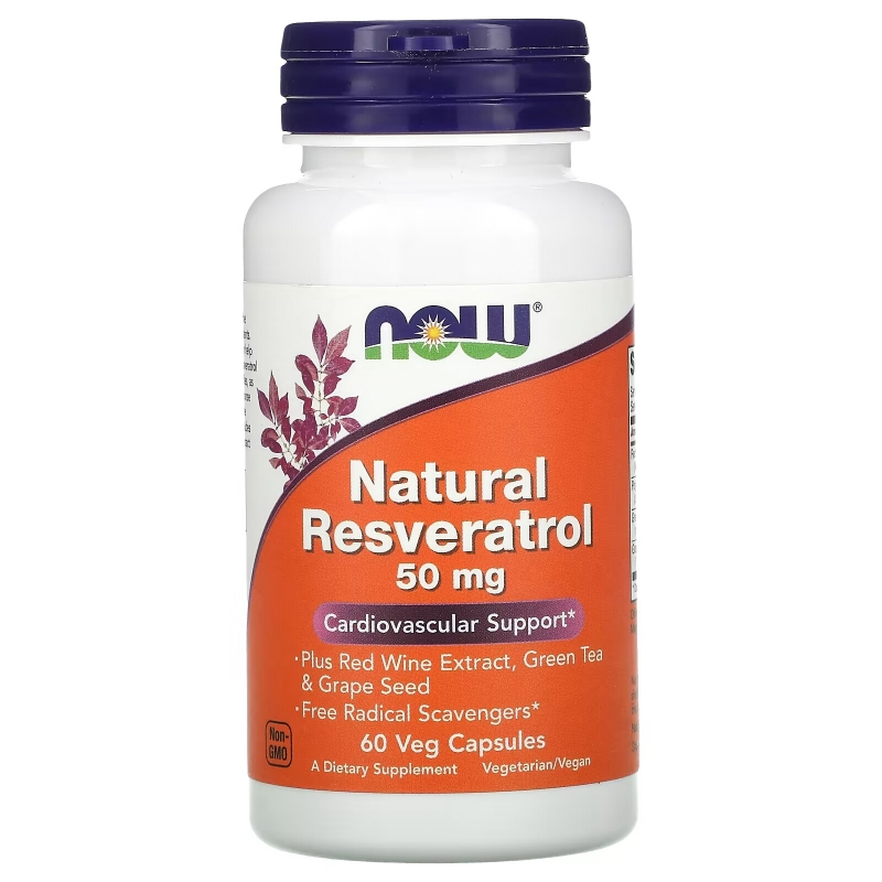 Now Foods, Натуральный ресвератол, 50 мг, 60 растительных капсул