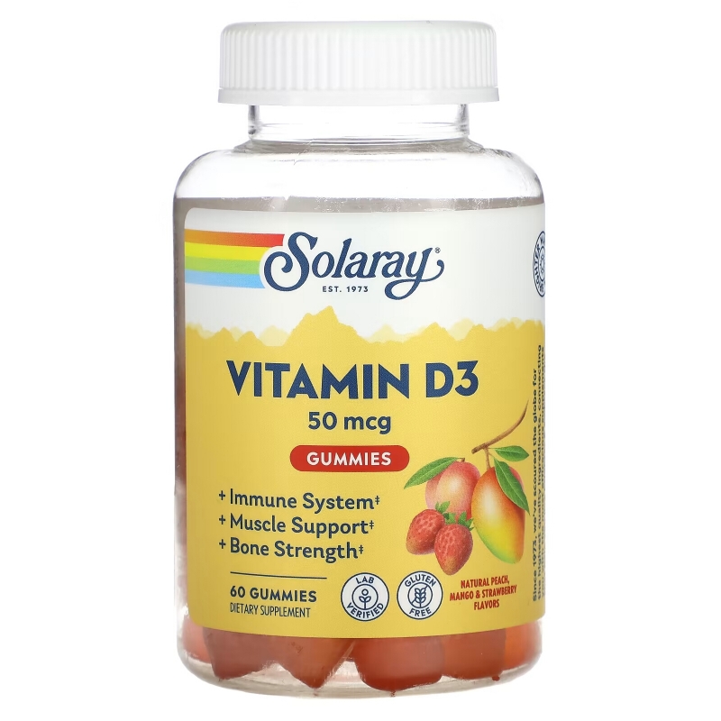 Solaray, Vitamin D3 Gummies, Natural Peach, Mango & Strawberry, 25 mcg, 60 Gummies