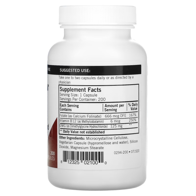 Kirkman Labs, DMG, с фолиновой кислотой и спиртовым B-12, 125 мг, 200 капсул