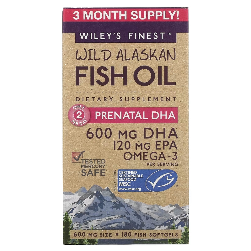 Wiley's Finest, Дикий Аляскинский Рыбий Жир, Пренатальный DHA, 600 мг, 180 Рыбные Капсулы