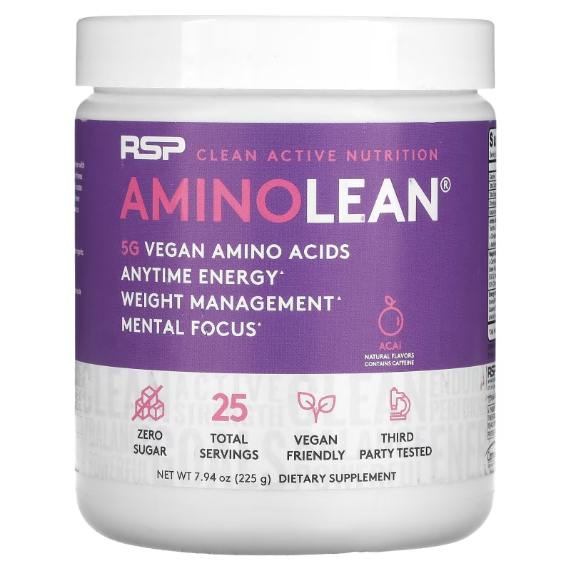 RSP Nutrition, AminoLean, 5 g Vegan Amino Acids + Anytime Energy, Acai, 7.94 oz (225 g)