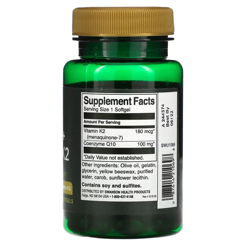 Swanson, Коэнзим Q10 + витамин K2, 60 мягких таблеток