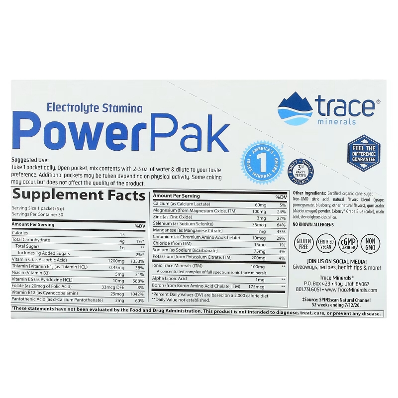 Trace Minerals ®, Electrolyte Stamina PowerPak, Pomegranate Blueberry, 30 Packets, 0.18 oz (5 g) Each
