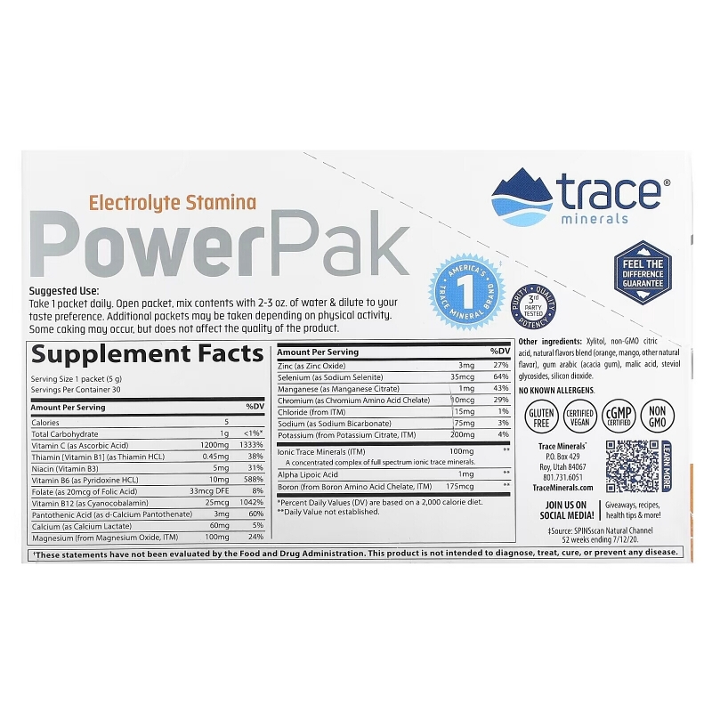 Trace Minerals ®, PowerPak, Orange Mango, 30 Packets, 0.18 oz (5 g) Each