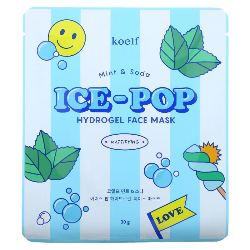 Koelf, Ice-Pop Hydrogel Beauty Face Mask, Mint & Soda, 5 Sheets, 30 g Each