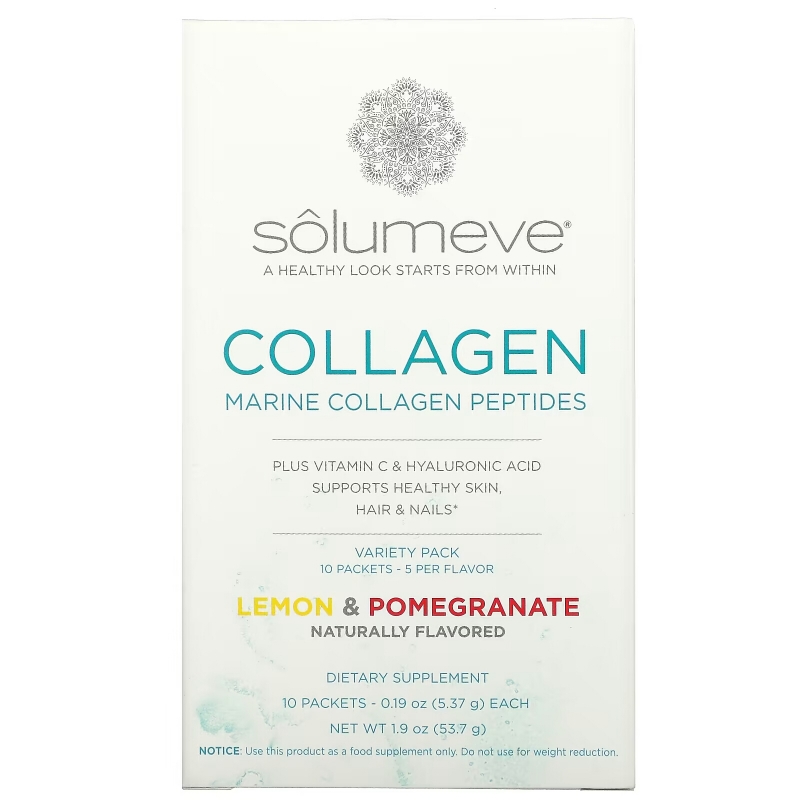 Solumeve, Collagen Peptides Plus Vitamin C & Hyaluronic Acid, Variety Pack, Lemon and Pomegranate, 10 Packets, 0.18 oz (5.15 g) Each